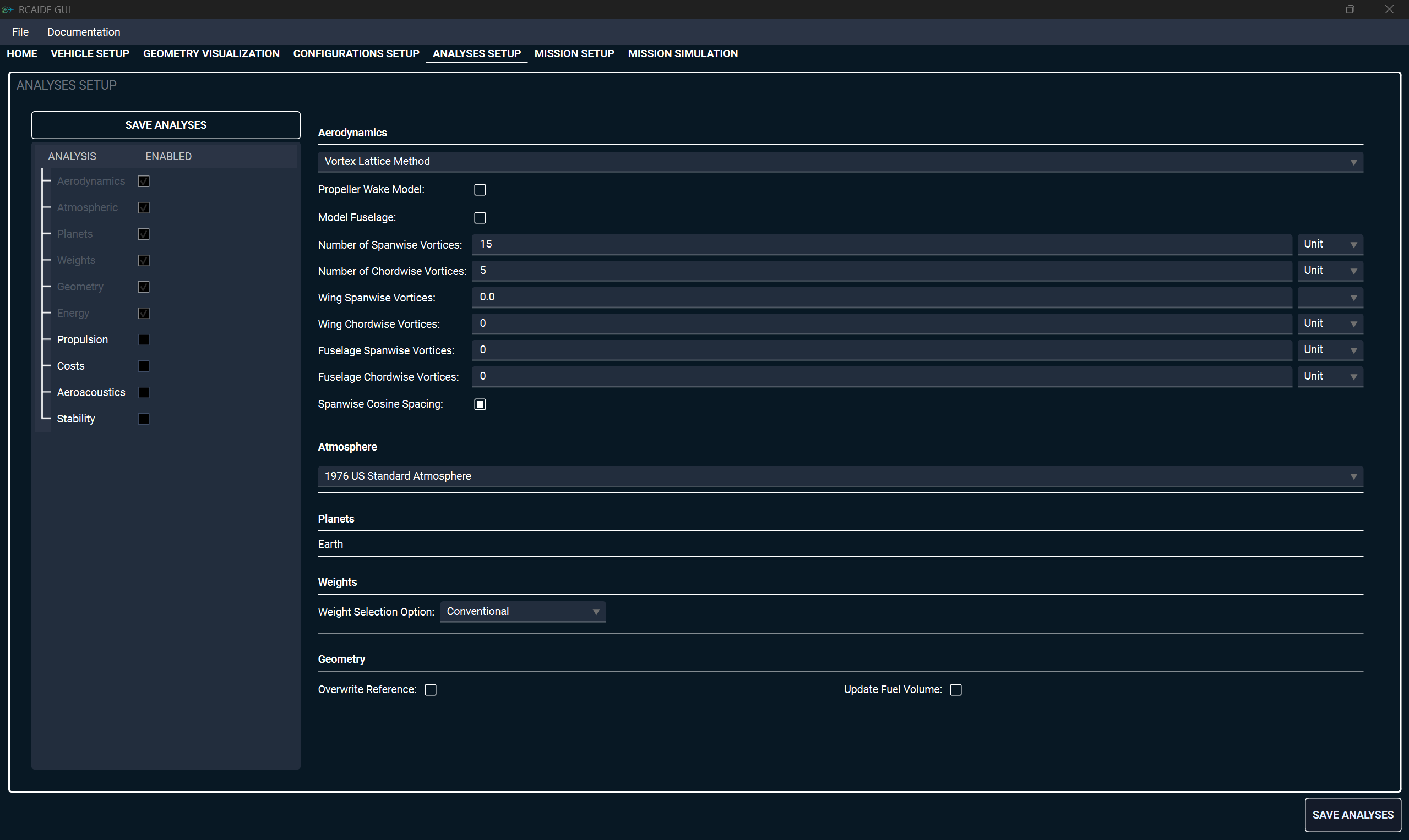 Analyses Setup tab